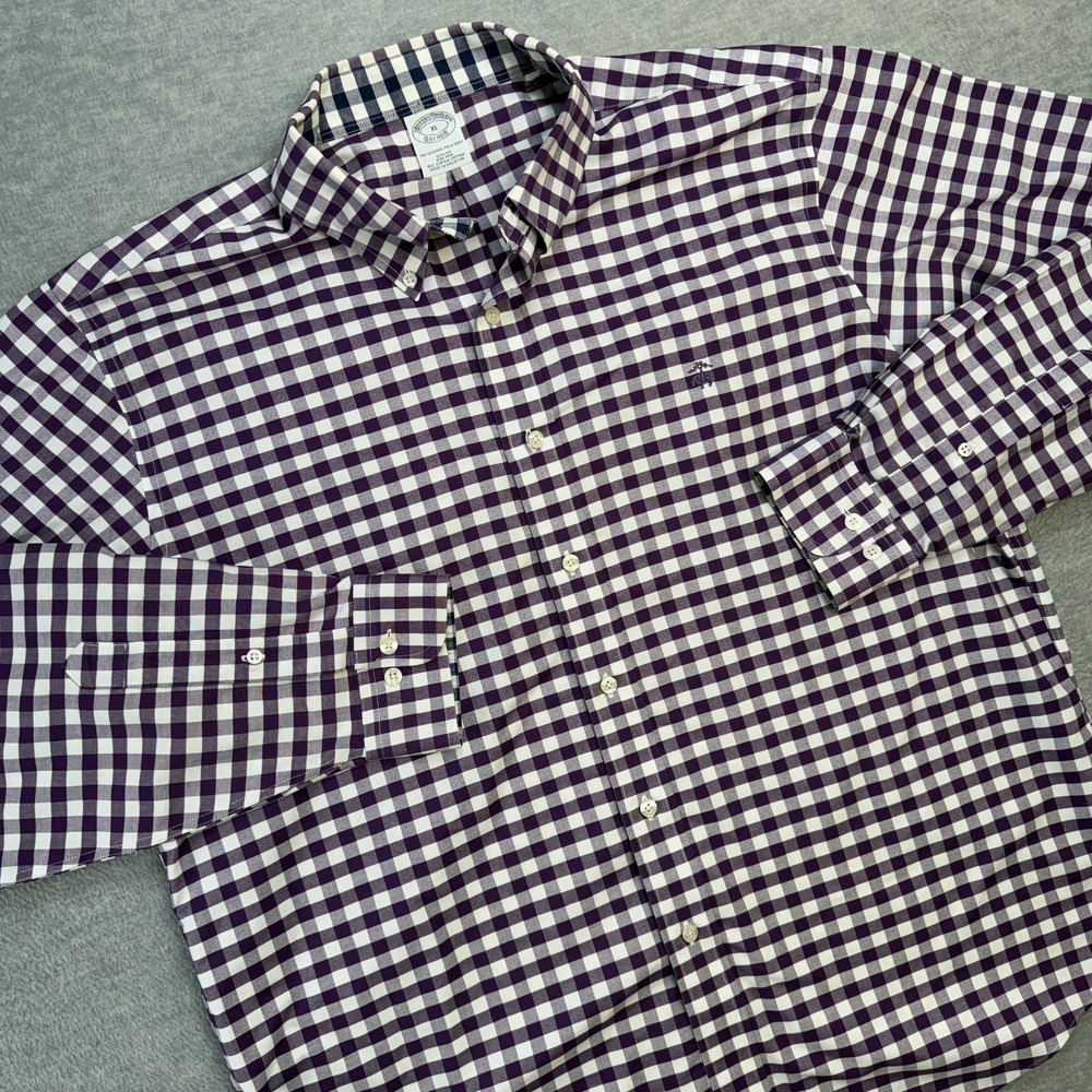 Brooks Brothers Shirt Mens XL Slim Fit Purple Gingham Check Oxford Button Down
